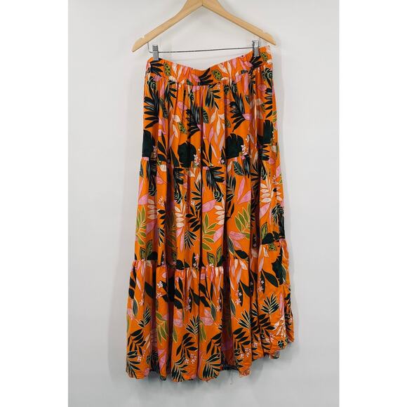 Eloquii Tropical Print Maxi Skirt Tiered Palm Leaf Floral Orange Womens 14/16 - Picture 4 of 8